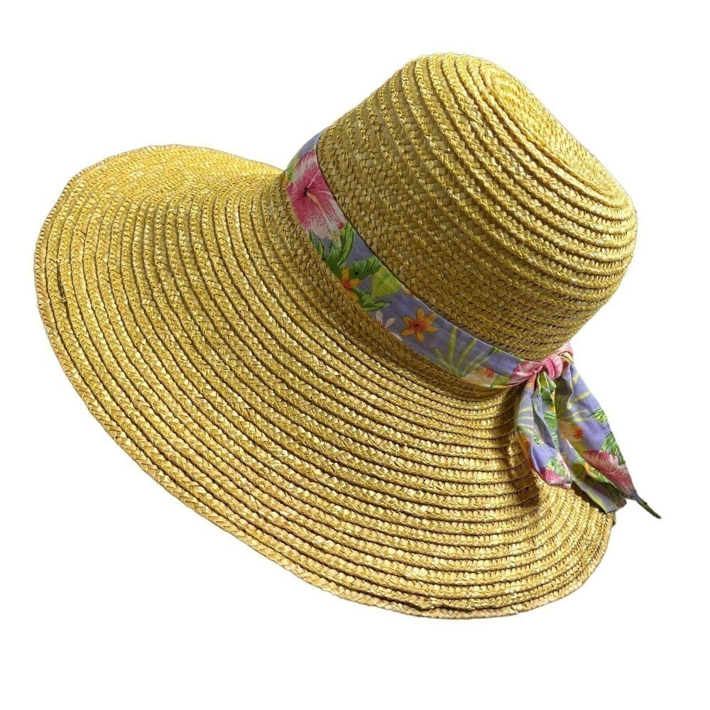Tropical Trends 100% Natural Straw Hat One Size Wide Brim Beach Floral S…